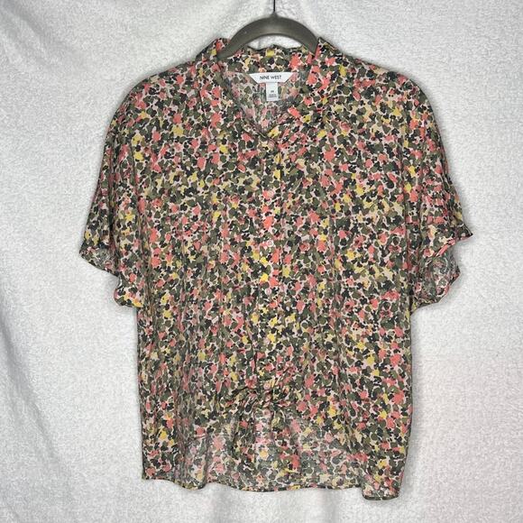 Nine West (M) Floral Button Up Front Tie Collared Short Sleeve Shirt Blouse Top - Picture 8 of 12